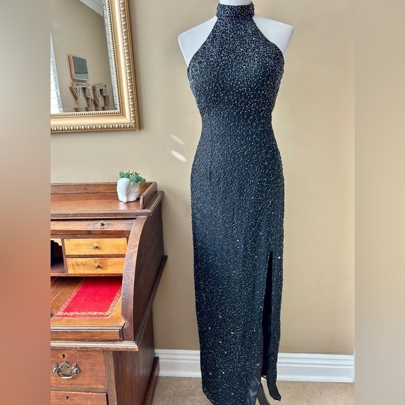 Vintage 90's Cache Black Silk Beaded Sequin Halter Gown Maxi Dress Size Large - Picture 4 of 16